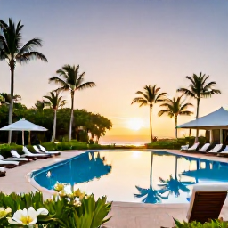 Caribbean Holidays, Barbados Business Class, Elegant Barbados resort with tropical gardens, swimming pool and palm trees at sunset