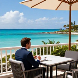 Caribbean Holidays, Barbados Business Class, Elegant beachfront hotel in Barbados with a business class traveller enjoying a quiet terrace overlooking turquoise sea