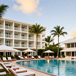 Caribbean Holidays, Barbados Business Class, Elegant beachfront hotel in Barbados with a swimming pool, palm trees and guests enjoying a relaxed June afternoon