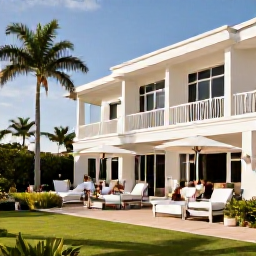 Caribbean Holidays, Barbados Business Class, Elegant beachfront hotel in Barbados with landscaped gardens, palm trees and guests enjoying a relaxed terrace