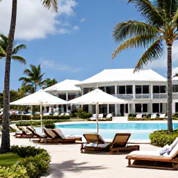 Caribbean Holidays, Barbados Business Class, Elegant beachfront resort in Barbados with loungers, tropical gardens and guests enjoying the October sunshine