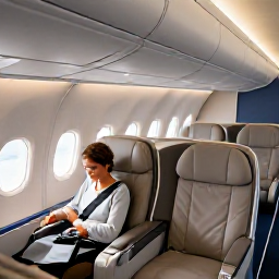 Caribbean Holidays, Barbados Business Class, Elegant business class aeroplane cabin with spacious lie-flat seats, soft lighting and a traveller beginning a Barbados holiday