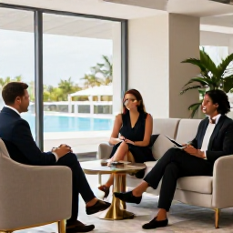 Caribbean Holidays, Barbados Business Class, Elegant business-class travellers relaxing in a premium airport lounge before a flight to Barbados