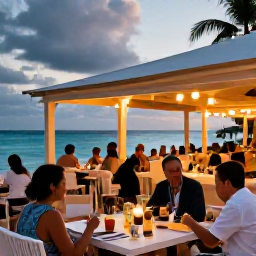 Caribbean Holidays, Barbados Business Class, Evening beach scene in Barbados with a relaxed waterfront restaurant, warm lights and diners enjoying sunset