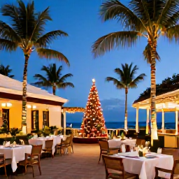 Caribbean Holidays, Barbados Business Class, Festive Barbados evening with softly lit palm trees, outdoor dining and a welcoming Caribbean Christmas atmosphere