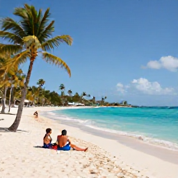 Caribbean Holidays, Barbados Business Class, Golden sandy beach in Barbados during December, turquoise sea, palm trees and a couple relaxing near the water