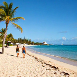 Caribbean Holidays, Barbados Business Class, Golden sandy beach on Barbados with calm turquoise water, palm trees and a couple walking beside the sea in May sunshine