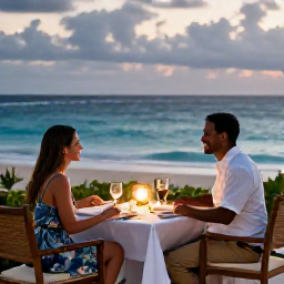 Caribbean Holidays, Barbados Business Class, Happy couple enjoying a refined beachfront dinner in Barbados at dusk, softly lit table, sea beyond and relaxed Caribbean atmosphere