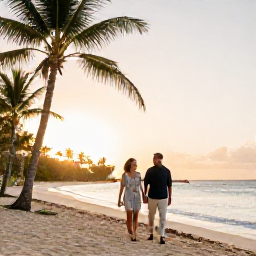 Caribbean Holidays, Barbados Business Class, Happy couple walking along a quiet Barbados beach in February beneath palm trees in warm evening light