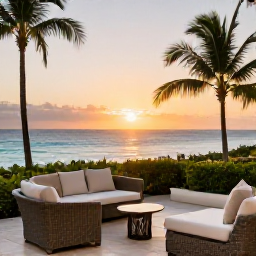 Caribbean Holidays, Barbados Business Class, Stylish Barbados hotel terrace overlooking the Caribbean Sea at sunset, with comfortable seating and tropical surroundings