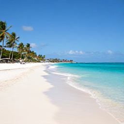 Caribbean Holidays, Barbados Business Class, Sunny April afternoon on a white sandy beach in Barbados with clear turquoise water and palm trees