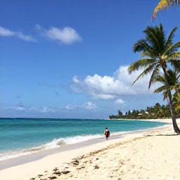 Caribbean Holidays, Barbados Business Class, Sunny Barbados beach in February with turquoise water, pale sand, palm trees and a relaxed traveller