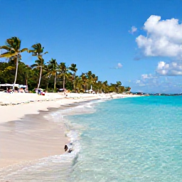 Caribbean Holidays, Barbados Business Class, Sunny Barbados beach in February with turquoise water, white sand, palm trees and a few relaxed holidaymakers