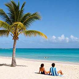 Caribbean Holidays, Barbados Business Class, Sunny Barbados beach in July with calm turquoise water, palm trees and a couple relaxing on the sand
