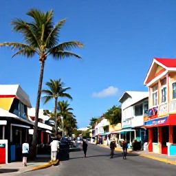 Caribbean Holidays, Barbados Business Class, Sunny Bridgetown street scene in January with colourful buildings, palm trees, local shops and visitors exploring on foot