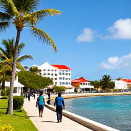 Caribbean Holidays, Barbados Business Class, Sunny Bridgetown waterfront with palm trees, colourful buildings and travellers exploring Barbados