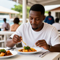 Caribbean Holidays, Barbados Business Class, Traveller enjoying Bajan food at an outdoor restaurant in Bridgetown, Barbados