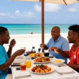 Caribbean Holidays, Barbados Business Class, Visitors enjoying a Barbados coastal restaurant with fresh seafood, colourful local dishes and a view of the sea