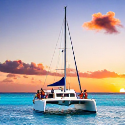 Caribbean Holidays, Barbados Business Class, Visitors enjoying a catamaran cruise along the Barbados coast with clear blue water and a sunset sky