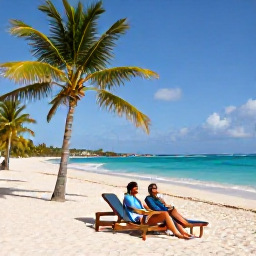 Caribbean Holidays, Barbados Business Class, White sandy beach in Barbados with turquoise sea, sun loungers, palm trees and a couple enjoying a peaceful January afternoon