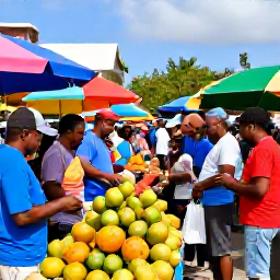 Caribbean Holidays, Barbados City Breaks, Bridgetown market scene with fresh tropical fruit, local traders and visitors browsing colourful stalls