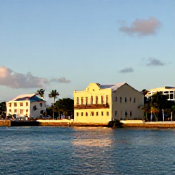 Caribbean Holidays, Barbados City Breaks, Bridgetown waterfront in Barbados at golden hour, with historic buildings, palm trees and calm Caribbean water