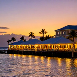 Caribbean Holidays, Barbados City Breaks, Evening waterfront in Bridgetown with illuminated restaurants, relaxed diners and a warm Caribbean sunset