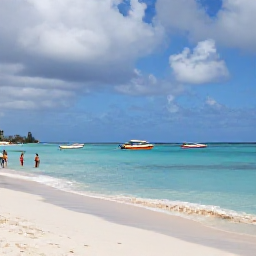 Caribbean Holidays, Barbados City Breaks, Golden Carlisle Bay beach near Bridgetown, Barbados, with calm turquoise water, swimmers and colourful boats under a partly cloudy August sky