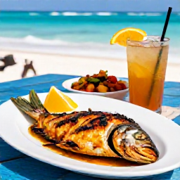Caribbean Holidays, Barbados City Breaks, Outdoor table in Bridgetown Barbados with grilled flying fish, Bajan side dishes and a refreshing rum-based drink
