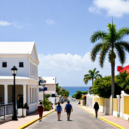 Caribbean Holidays, Barbados City Breaks, Travellers walking through a sunny Bridgetown street with historic architecture, palm trees and glimpses of the Caribbean Sea