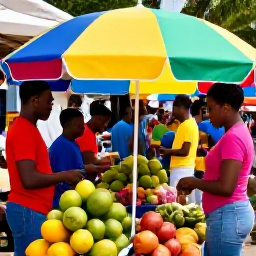 Caribbean Holidays, Barbados City Breaks, Visitors browsing colourful stalls at Cheapside Market in Bridgetown, Barbados, with fresh tropical fruit and local produce