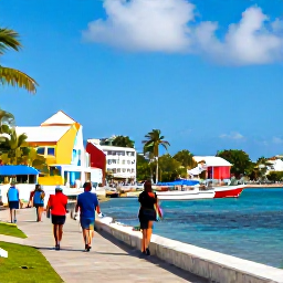 Caribbean Holidays, Barbados City Breaks, Visitors walking beside the Careenage waterfront in Bridgetown, with boats, colourful buildings and palm trees under a bright blue sky
