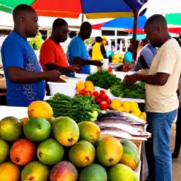 Caribbean Holidays, Barbados Cooking Holidays, A Barbadian market stall displaying mangoes, limes, peppers, herbs and fresh fish, with local shoppers browsing