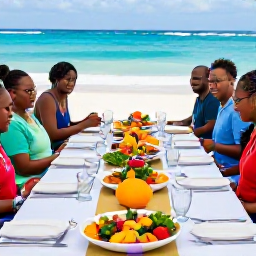 Caribbean Holidays, Barbados Cooking Holidays, A beautifully arranged Caribbean cooking lesson dinner in Barbados, featuring flying fish, cou-cou, colourful vegetables and tropical fruit beside the sea