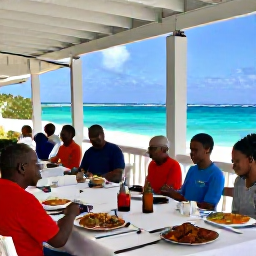 Caribbean Holidays, Barbados Cooking Holidays, A beautifully prepared Bajan dinner on a shaded terrace overlooking the Caribbean Sea, with visitors enjoying their cooking holiday