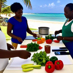 Caribbean Holidays, Barbados Cooking Holidays, A bright Barbadian kitchen overlooking the sea, with fresh herbs, colourful peppers and local ingredients prepared for a cooking class