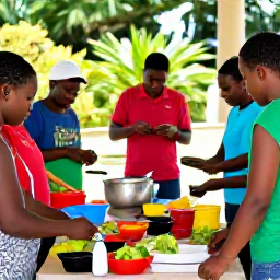 Caribbean Holidays, Barbados Cooking Holidays, A cheerful outdoor cooking class in a Barbados garden, with local ingredients, colourful produce and friendly people learning together