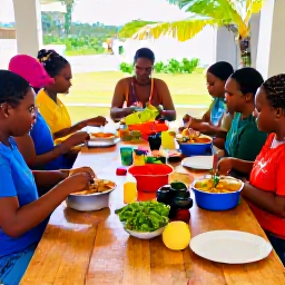 Caribbean Holidays, Barbados Cooking Holidays, A colourful Bajan cooking class in a bright open-air kitchen, with fresh vegetables, herbs and local ingredients on a wooden table