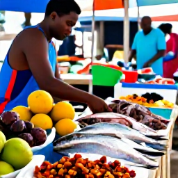 Caribbean Holidays, Barbados Cooking Holidays, A colourful Barbadian fish market with fresh seafood, tropical fruit and local spices, bright morning light