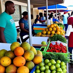 Caribbean Holidays, Barbados Cooking Holidays, A colourful Barbadian market in November with fresh mangoes, limes, peppers, herbs and local fish, with shoppers browsing in warm morning light