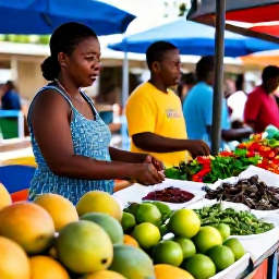 Caribbean Holidays, Barbados Cooking Holidays, A colourful Bridgetown market in August with fresh mangoes, limes, peppers, herbs and local seafood displayed by friendly stallholders
