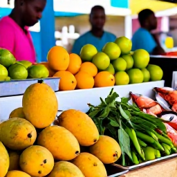 Caribbean Holidays, Barbados Cooking Holidays, A colourful Bridgetown market in Barbados with fresh mangoes, limes, peppers, herbs and local seafood on display