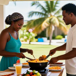 Caribbean Holidays, Barbados Cooking Holidays, A couple enjoying a hands-on Barbados cooking holiday, sharing a freshly prepared Caribbean meal on a sunny veranda