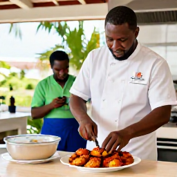 Caribbean Holidays, Barbados Cooking Holidays, A friendly chef teaching visitors to prepare Barbadian fish cakes and pepper sauce in a bright island kitchen