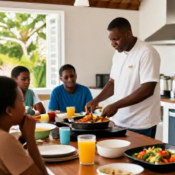 Caribbean Holidays, Barbados Cooking Holidays, A friendly cooking class in Barbados with a local chef, guests preparing fish and vegetables in an airy kitchen