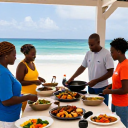 Caribbean Holidays, Barbados Cooking Holidays, A friendly cooking class on a shaded Barbados terrace overlooking the sea, with guests preparing fish, vegetables and traditional recipes