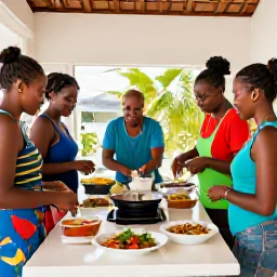 Caribbean Holidays, Barbados Cooking Holidays, A friendly group of travellers enjoying a hands-on Caribbean cooking holiday in a stylish Barbados kitchen, with prepared dishes on the table