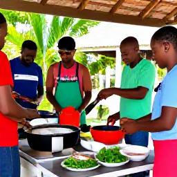 Caribbean Holidays, Barbados Cooking Holidays, A friendly outdoor cooking class in Barbados, with visitors preparing fresh fish, herbs and vegetables beside a Caribbean-style kitchen