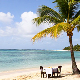 Caribbean Holidays, Barbados Cooking Holidays, A golden January beach in Barbados with calm turquoise water, palm trees and a small outdoor dining table prepared with island food