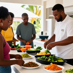 Caribbean Holidays, Barbados Cooking Holidays, A hands-on Bajan cooking class in an airy Barbados kitchen, with a chef guiding visitors as they prepare flying fish, rice and peas, fresh herbs and tropical vegetables